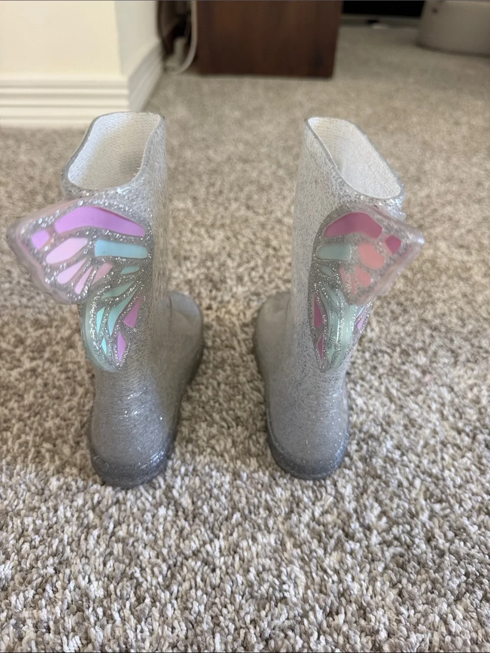 Sophia Webster Silver Glitter Kids Rain Boots with Pink & Mint Wing Accents